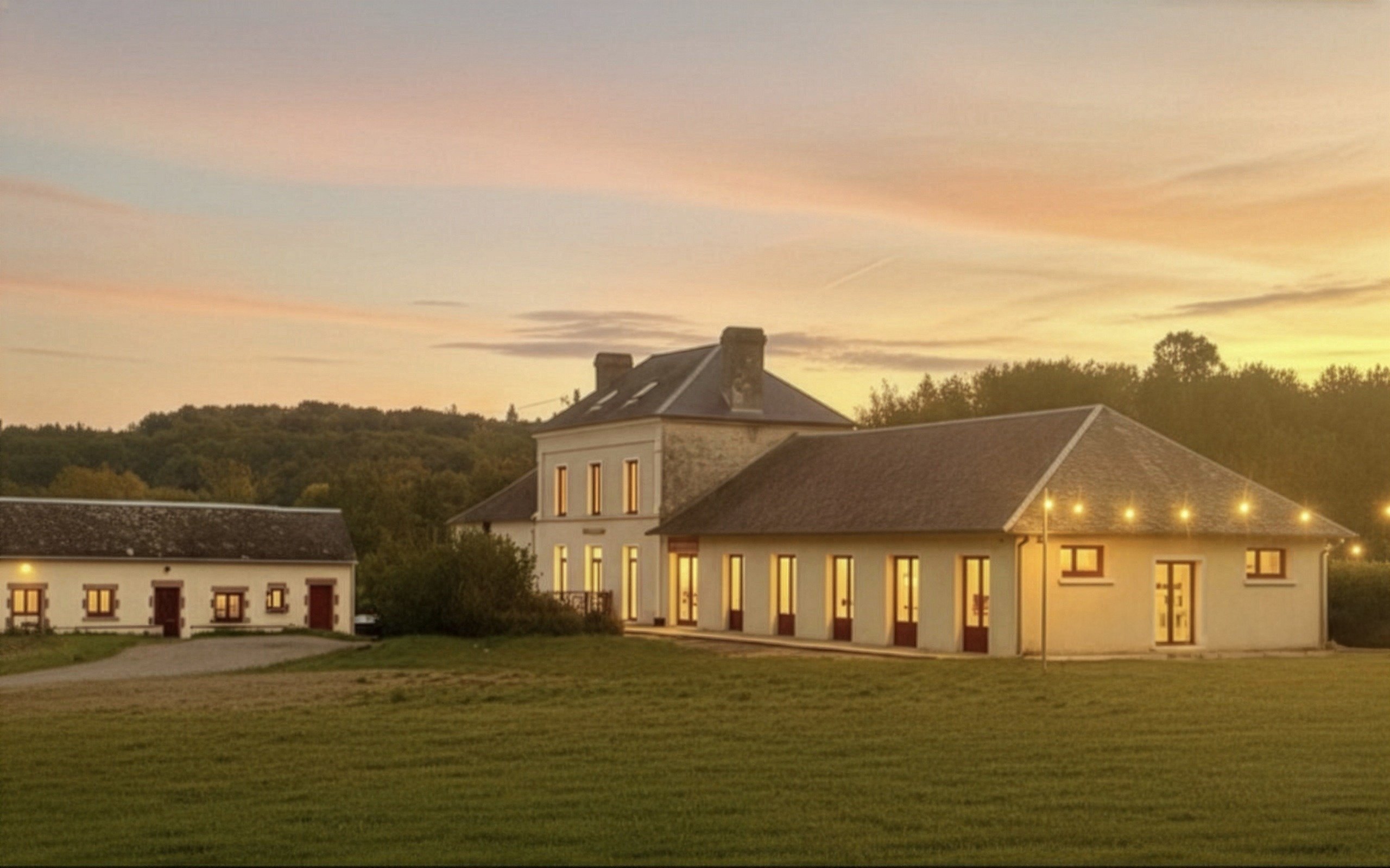 La propriété Saint-Roch-Événements au coucher du soleil, salle de réception illuminée