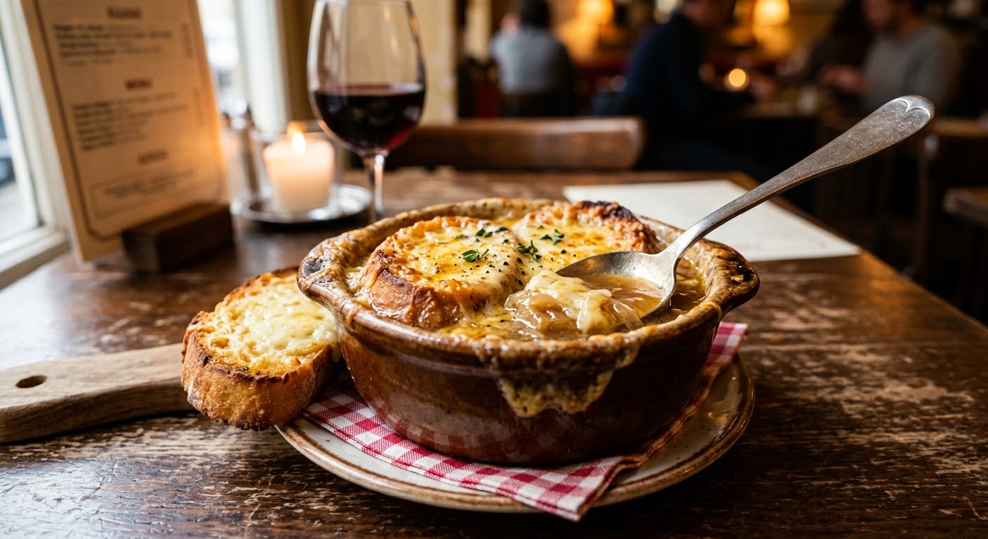 Soupe à l'oignon gratinée en cassolette, servie avec son toast au fromage